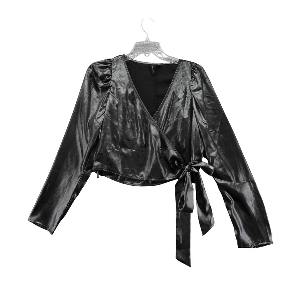 Vero Moda Womens XS Gunmetal Grey Metallic‎ Wrap Long Sleeve Cropped Blouse NEW